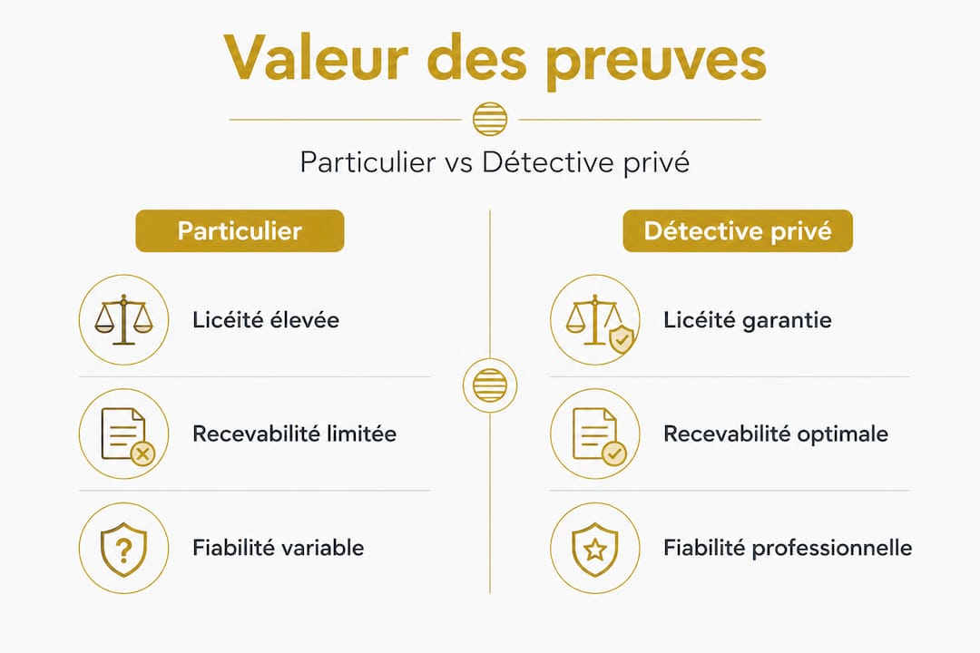 Détective privé pour particuliers : obtenir des preuves recevables 2 Infographie : quelles différences dans la valeur des preuves pour un particulier et un détective ?