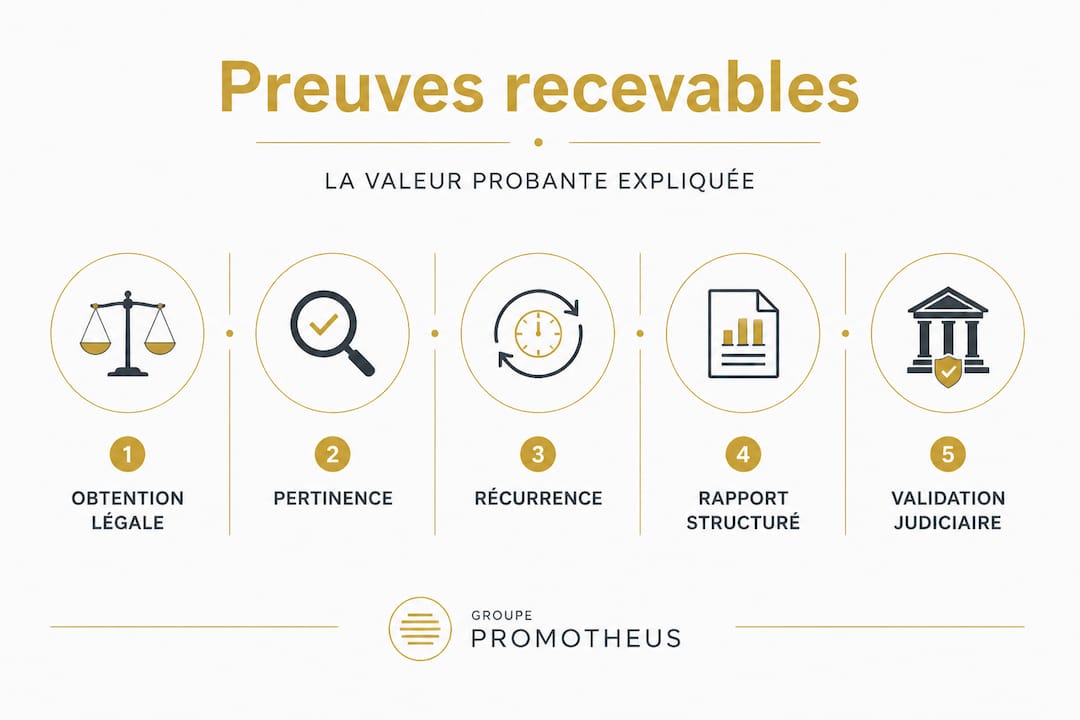 Recherche de personnes par détective privé : enjeux et méthodes 2 Infographie pédagogique sur les critères d’acceptation des preuves