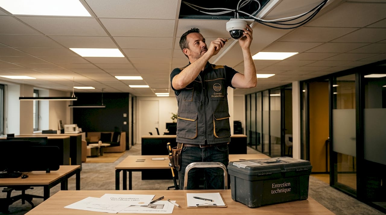 Types de surveillance électronique : bien choisir sa solution 1 Un technicien procède à l'installation d'une caméra de vidéosurveillance.