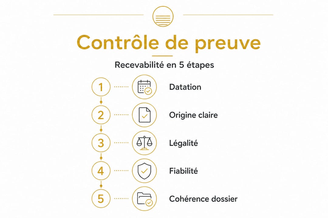Preuves légales pour particuliers : garantir la recevabilité 2 Infographie : les étapes clés pour garantir la validité juridique d’une preuve