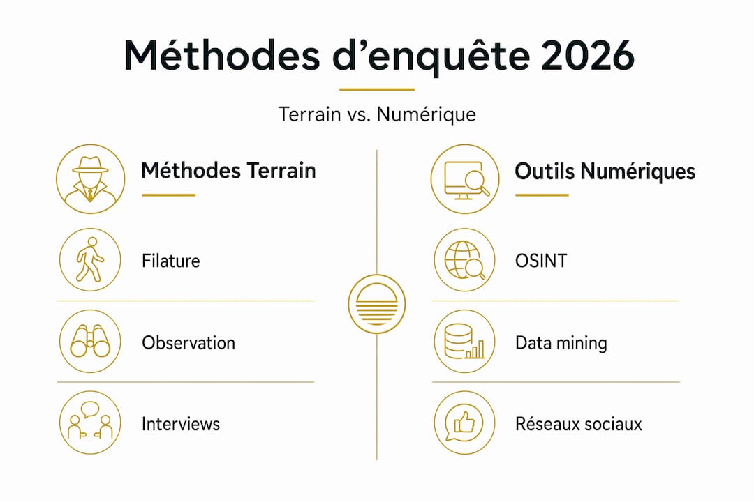 Nouvelles tendances en investigation privée : anticiper 2026 1 Infographie : enquête de terrain ou investigation numérique, quelles différences ?