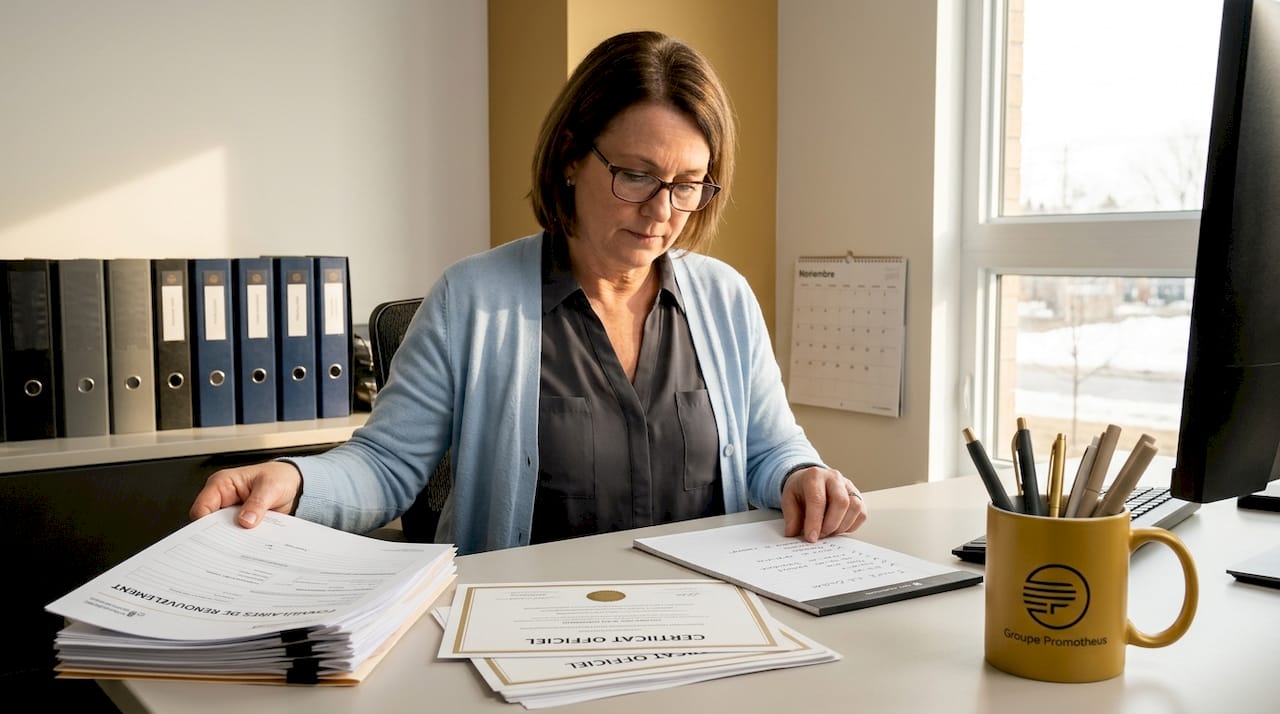 Un assistant administratif en train de trier des dossiers de renouvellement de conformité sur son bureau.