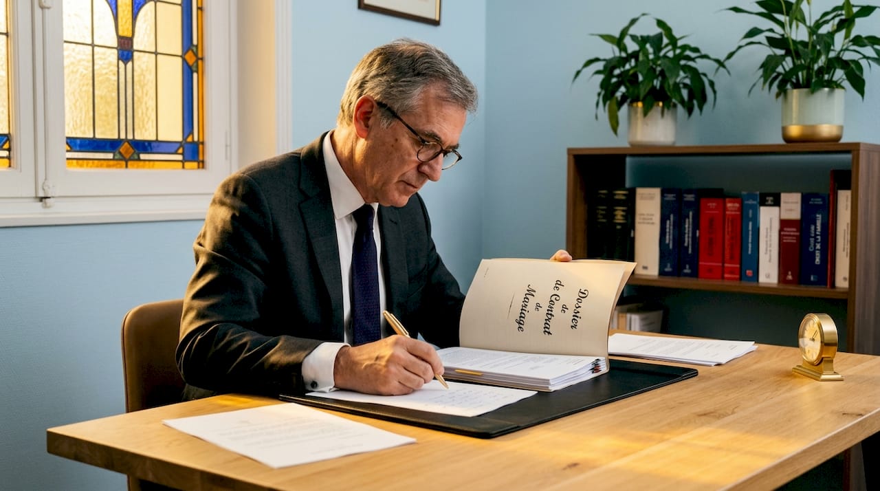 Comment fonctionne l'enquête prénuptiale : guide complet 2 Le notaire procède à l’examen des pièces relatives au patrimoine des futurs époux avant le mariage.