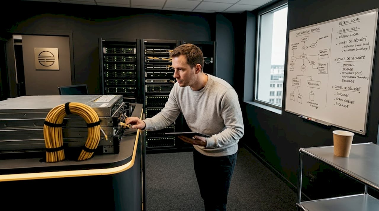 Un technicien procède à des vérifications sur les serveurs dans la salle informatique.