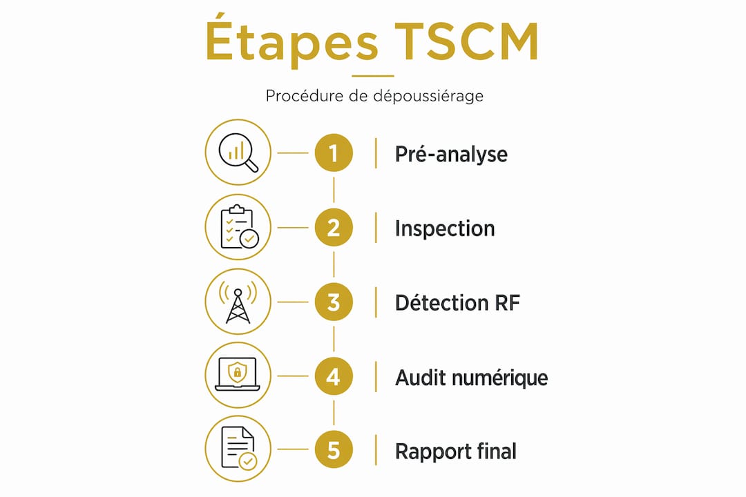 Détection de dispositifs d'écoute illicites : guide 2026 2 Infographie illustrant le déroulement d’une intervention TSCM, étape par étape