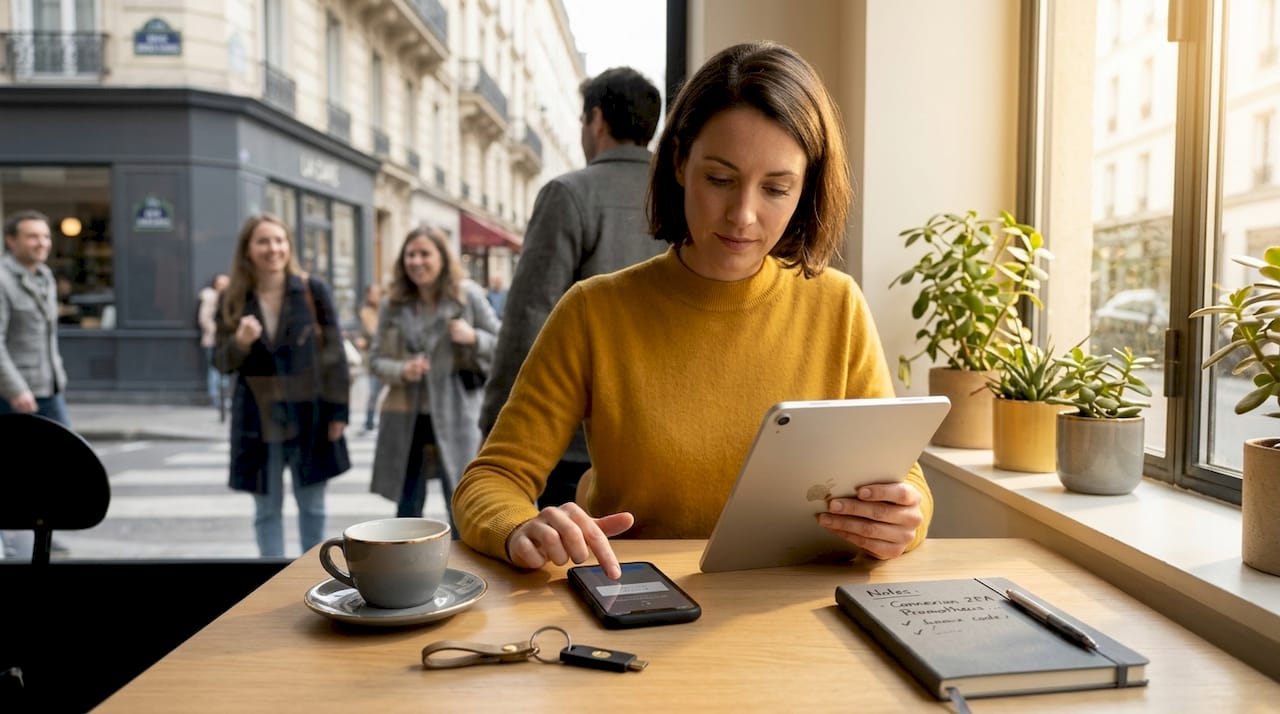 Conseils prévention espionnage : guide pratique 2026 1 Une femme configure la double authentification sur son ordinateur, confortablement installée chez elle.