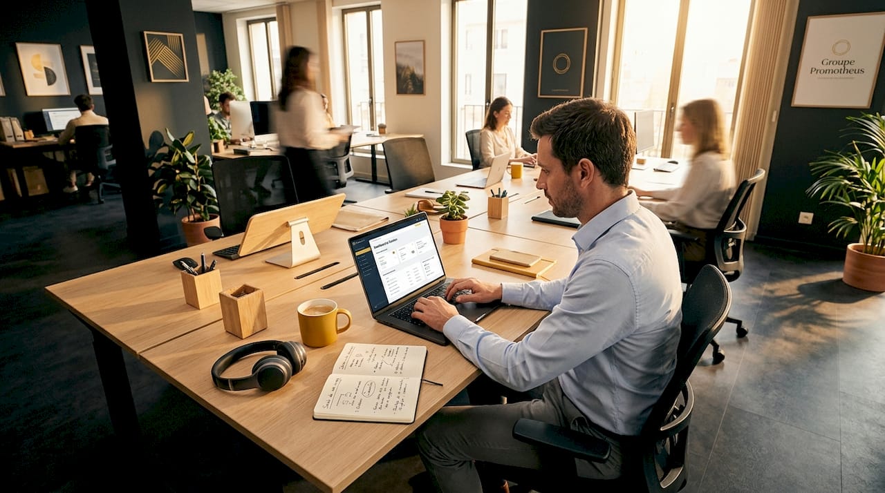 Pourquoi vérifier la moralité d'un employé en 2026 1 Un employé installé à son poste, en pleine activité dans un espace de travail partagé.