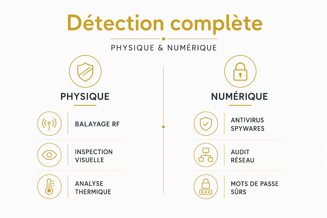 Workflow détection appareil espion : guide 2026 2 Infographie : comment repérer les appareils espions, que ce soit physiquement ou via des outils numériques