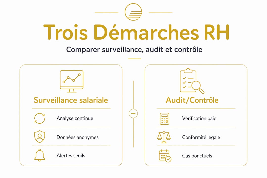 Enquête de surveillance salariale : définition et enjeux 1 Infographie mettant en parallèle les méthodes de contrôle et d’évaluation des rémunérations