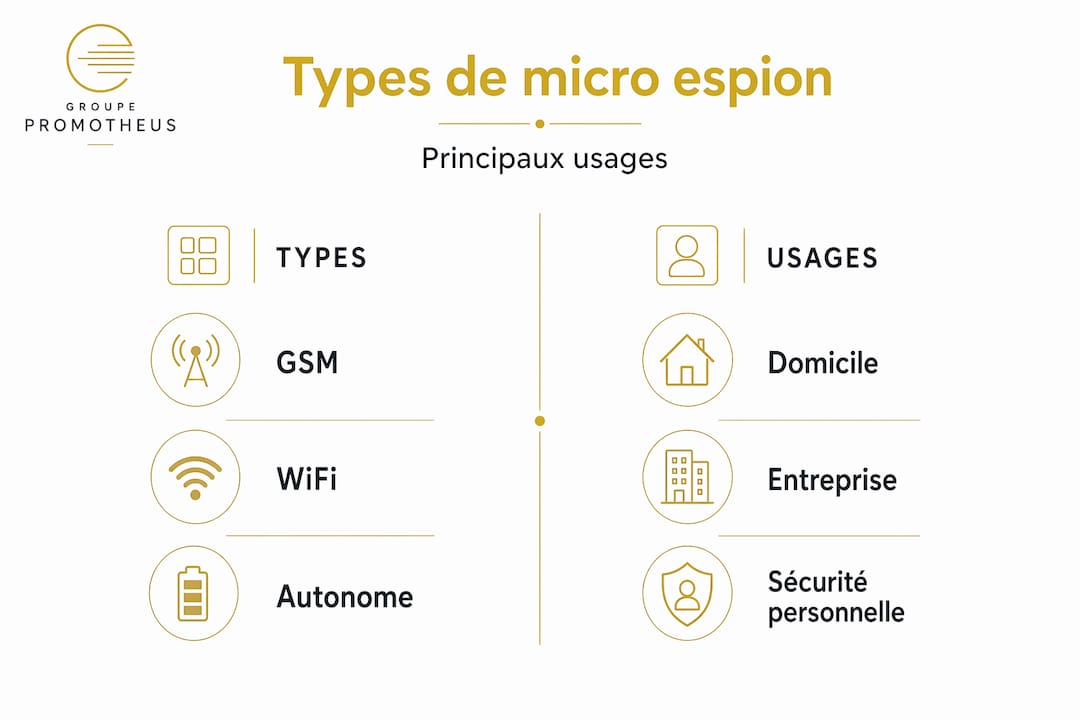 Micro espion : définition, fonctionnement et légalité 1 Infographie : panorama des différents modèles de micro-espions et de leurs principaux usages