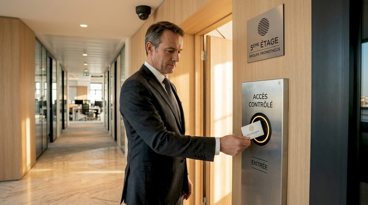 Conseils détection de vol entreprise : guide 2026 1 Un responsable qui gère les accès au bureau grâce à un système de contrôle sécurisé.