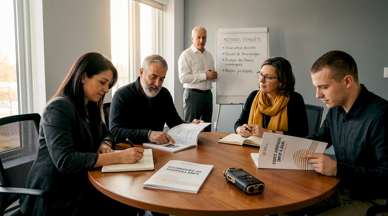 Principes du renseignement privé : guide 2026 2 Des futurs détectives privés en pleine séance de formation en salle de cours