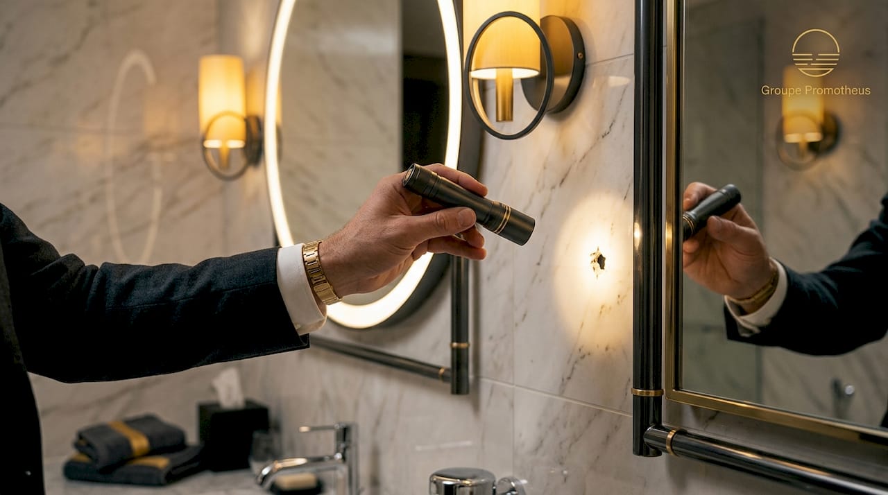 Comment détecter une caméra cachée : guide 2026 1 Une main inspecte minutieusement le mur à l’aide d’une lampe torche, à la recherche de caméras dissimulées.
