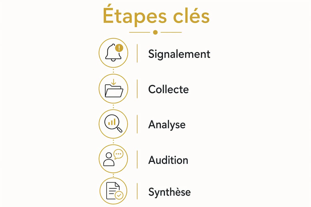 Enjeux de l'investigation en entreprise : guide 2026 2 Visuel présentant les grandes étapes d'une enquête en milieu professionnel
