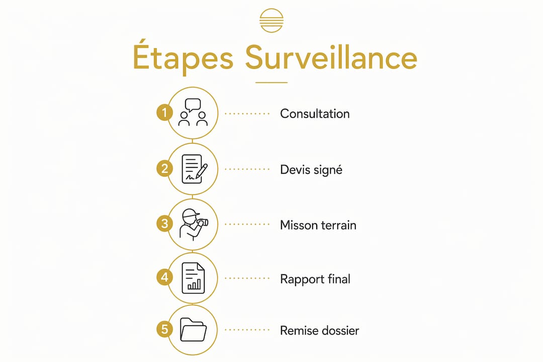 Procédure de surveillance conjugale : guide 2026 2 Visuel illustrant les différentes étapes du suivi de la vie de couple