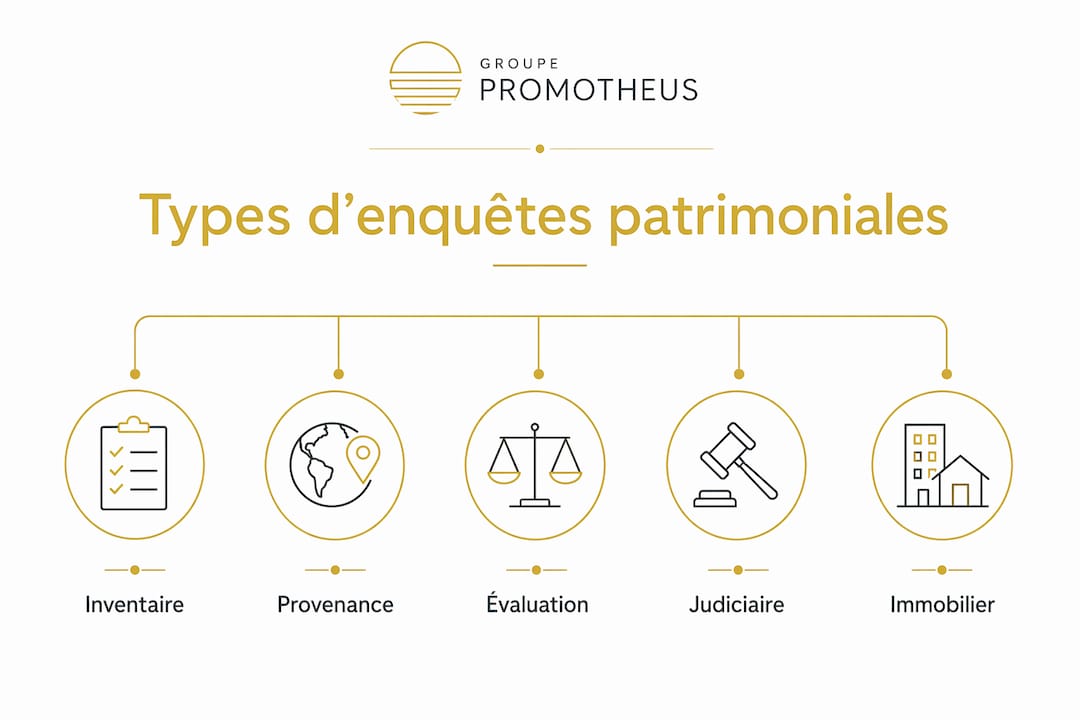 Types d'enquêtes patrimoniales : guide complet 2026 2 Panorama illustré des différentes formes d’enquêtes sur le patrimoine